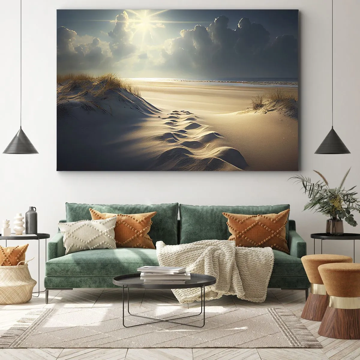 Obraz na plátně - Zlaté duny na pláži při západu slunce s výhledem na moře - 70x50cm - Uklidňující krajina - Moderní nástěnná dekorace do obývacího pokoje a ložnice ARTTOR