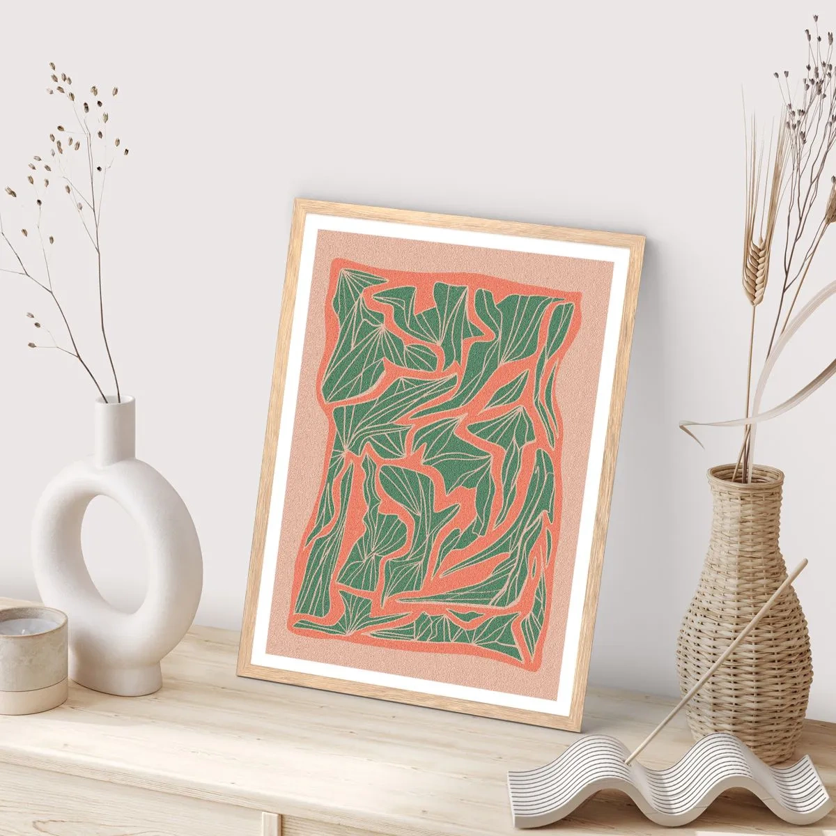 Plakát v rámu světlý dub - Souboj korálů a zeleně - 61x91 cm