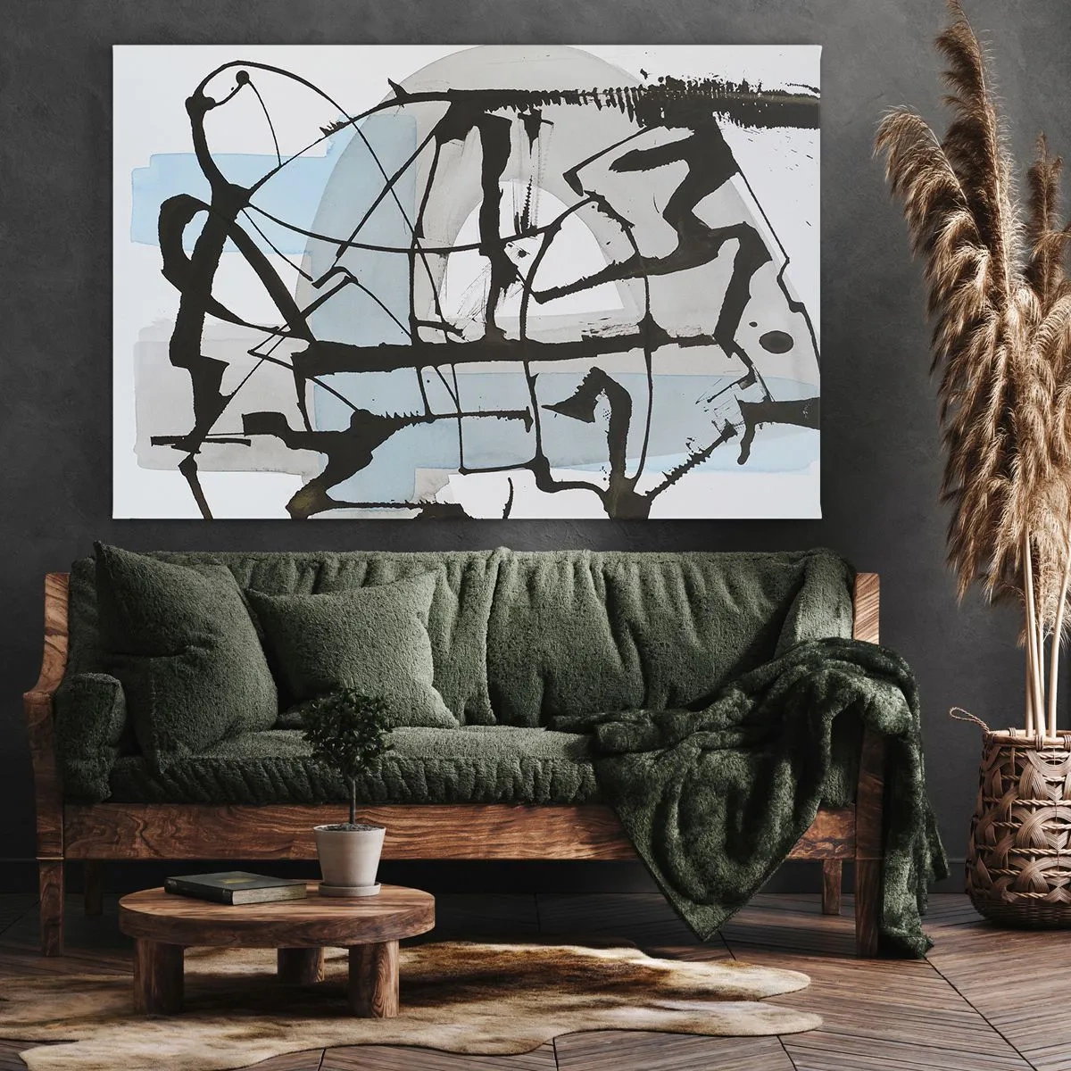 Obraz na plátně - Abstraktní linie a tvary v modré a černé barvě - 70x50cm - Přesto modrá - Moderní nástěnná dekorace do obývacího pokoje a ložnice ARTTOR