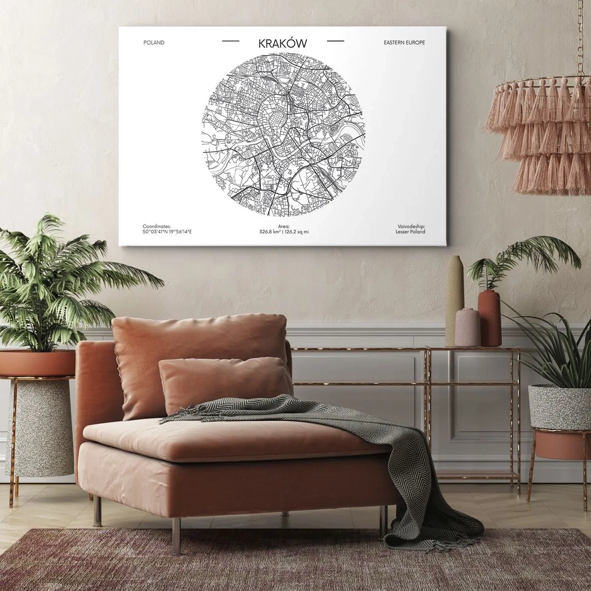 Obraz na plátně - Mapa Krakova v minimalistickém stylu - 70x50cm - Anatomie Krakova - Moderní nástěnná dekorace do obývacího pokoje a ložnice ARTTOR