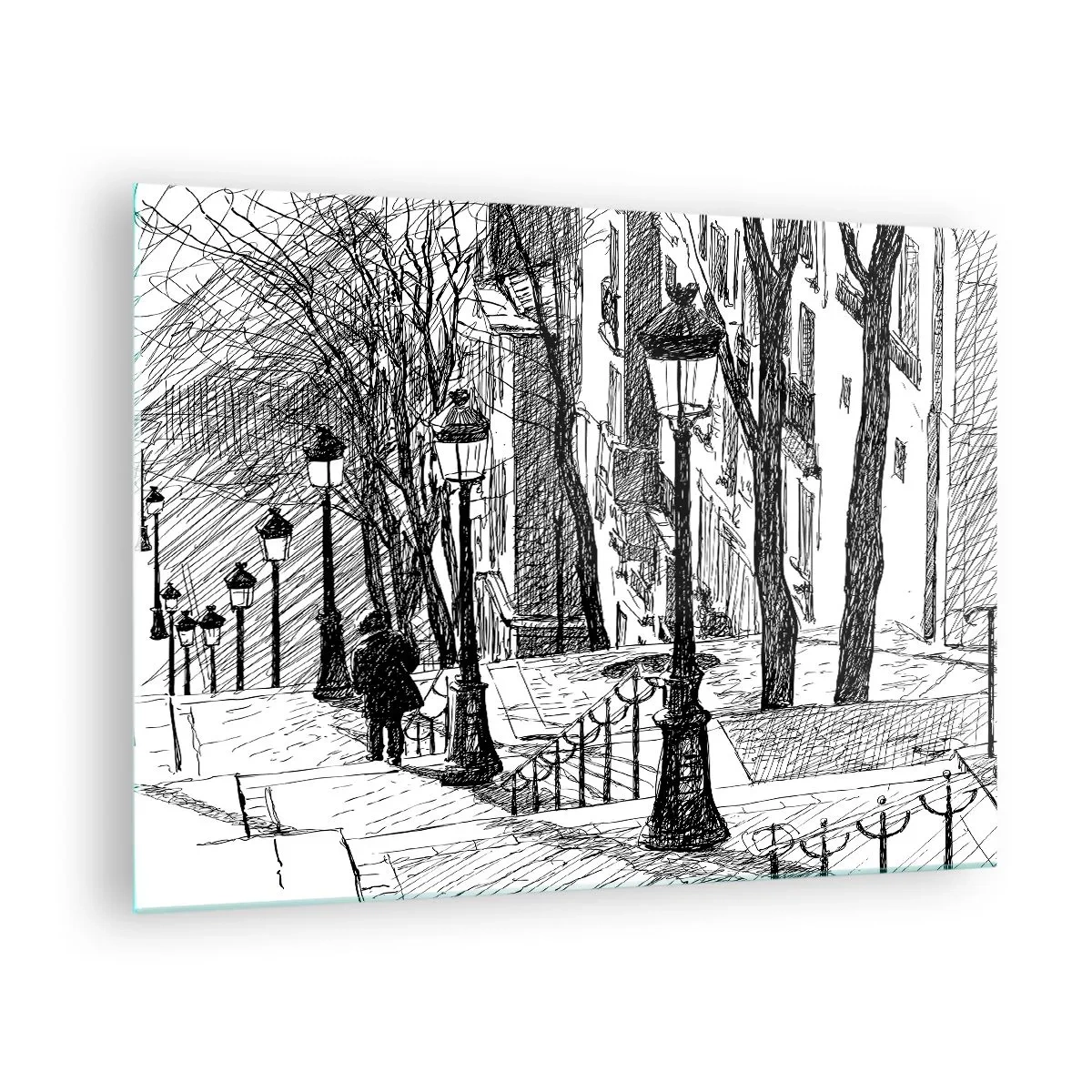 Obraz na skle - Černobílá kresba městské ulice s lucernami - 70x50cm - Milostný příběh nebo horor? - Moderní nástěnná dekorace do obývacího pokoje a ložnice ARTTOR