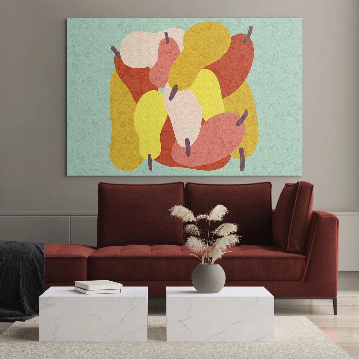 Obraz na skle - Barevné hrušky v grafickém stylu na tyrkysovém pozadí - 70x50cm - Ochutnejte letní slunce - Moderní nástěnná dekorace do obývacího pokoje a ložnice ARTTOR