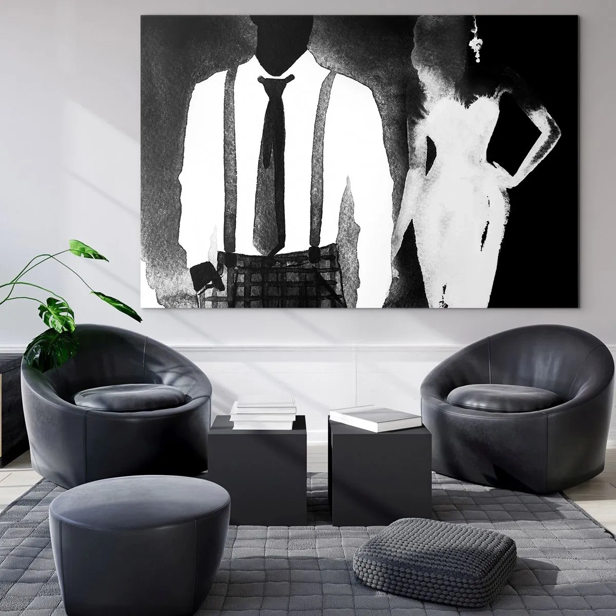 Obraz na skle - Černá a bílá silueta elegantního noir páru - 70x50cm - Ve stylu noir - Moderní nástěnná dekorace do obývacího pokoje a ložnice ARTTOR
