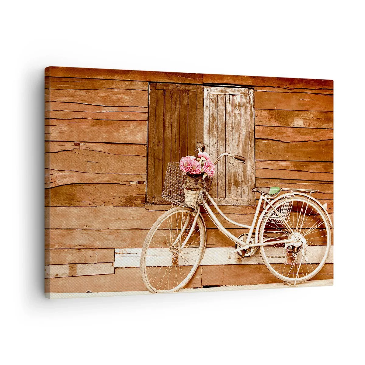 Obraz na plátně - Kolo s košíkem plným růží u dřevěné zdi - 70x50cm - Hned se vrátím - Moderní nástěnná dekorace do obývacího pokoje a ložnice ARTTOR