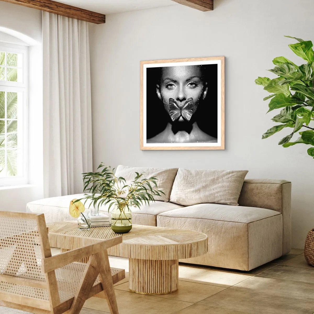 Plakát v rámu světlý dub - Motýlí polibek - 40x40 cm