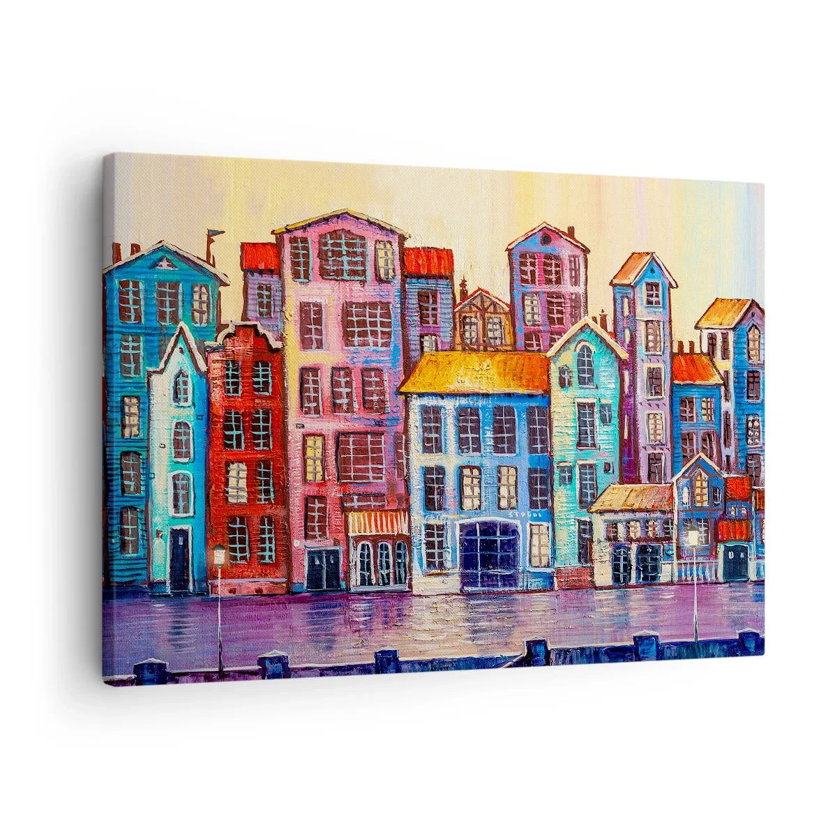 Obraz na plátně - Barevné činžovní domy u vody v uměleckém stylu - 70x50cm - Město jako z pohádky - Moderní nástěnná dekorace do obývacího pokoje a ložnice ARTTOR