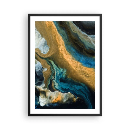 Plakát v černém rámu - Abstraktní kompozice v odstínech zlaté a modré. - 50x70cm - Modrá – žlutá – vzájemné vlivy - Moderní nástěnná dekorace do obývacího pokoje a ložnice ARTTOR