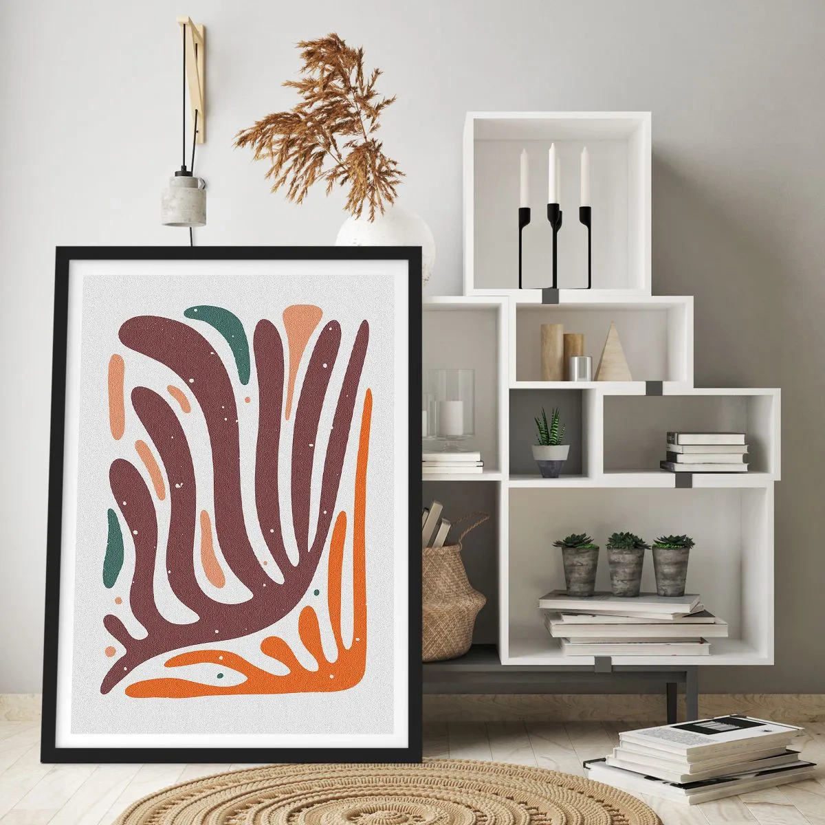 Plakát v černém rámu - Organická abstrakce v teplých odstínech hnědé a oranžové - 50x70cm - Organická a radiální kompozice - Moderní nástěnná dekorace do obývacího pokoje a ložnice ARTTOR