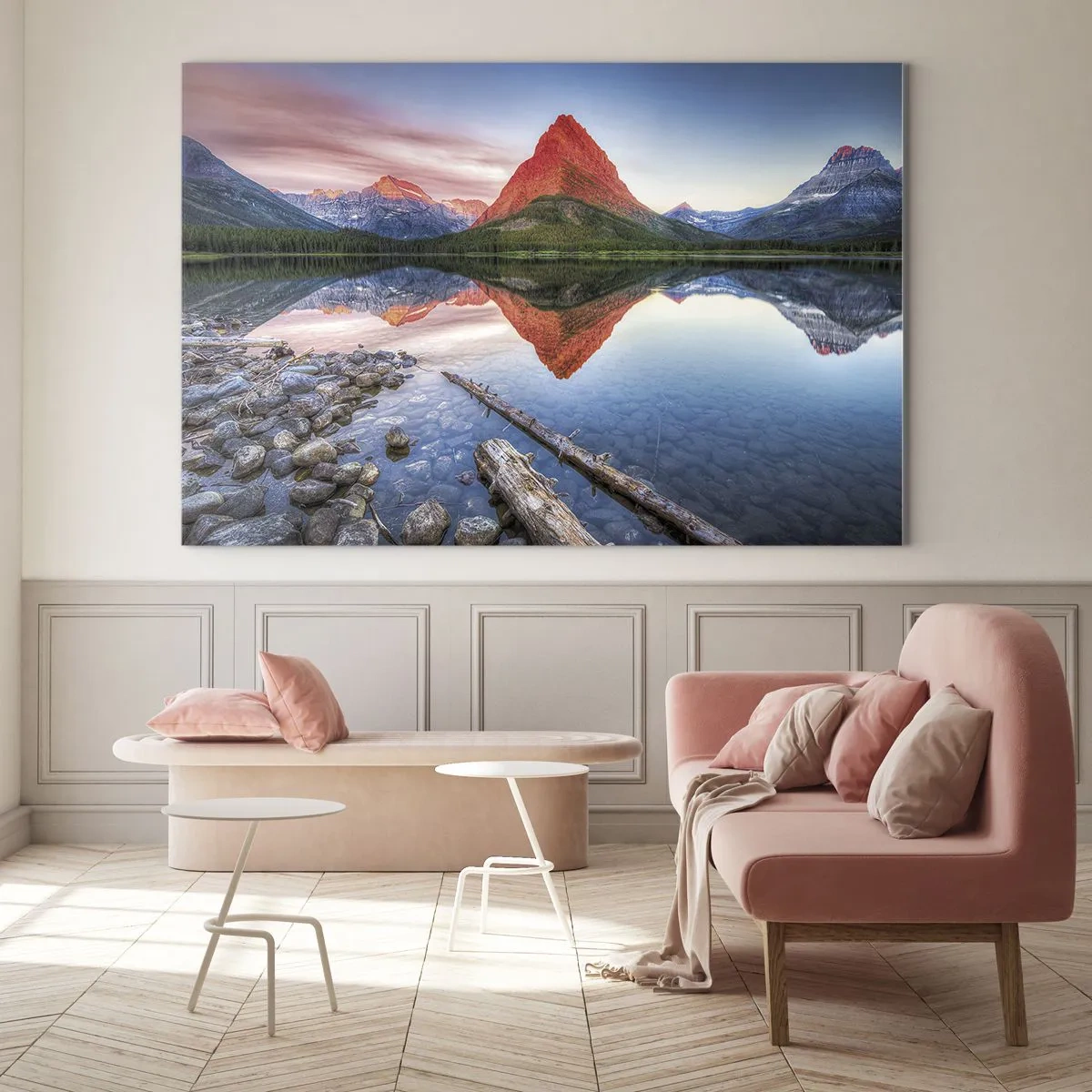 Obraz na skle - Vrchol hory odrážející se v klidném jezeře - 70x50cm - Teplo a chlad - Moderní nástěnná dekorace do obývacího pokoje a ložnice ARTTOR