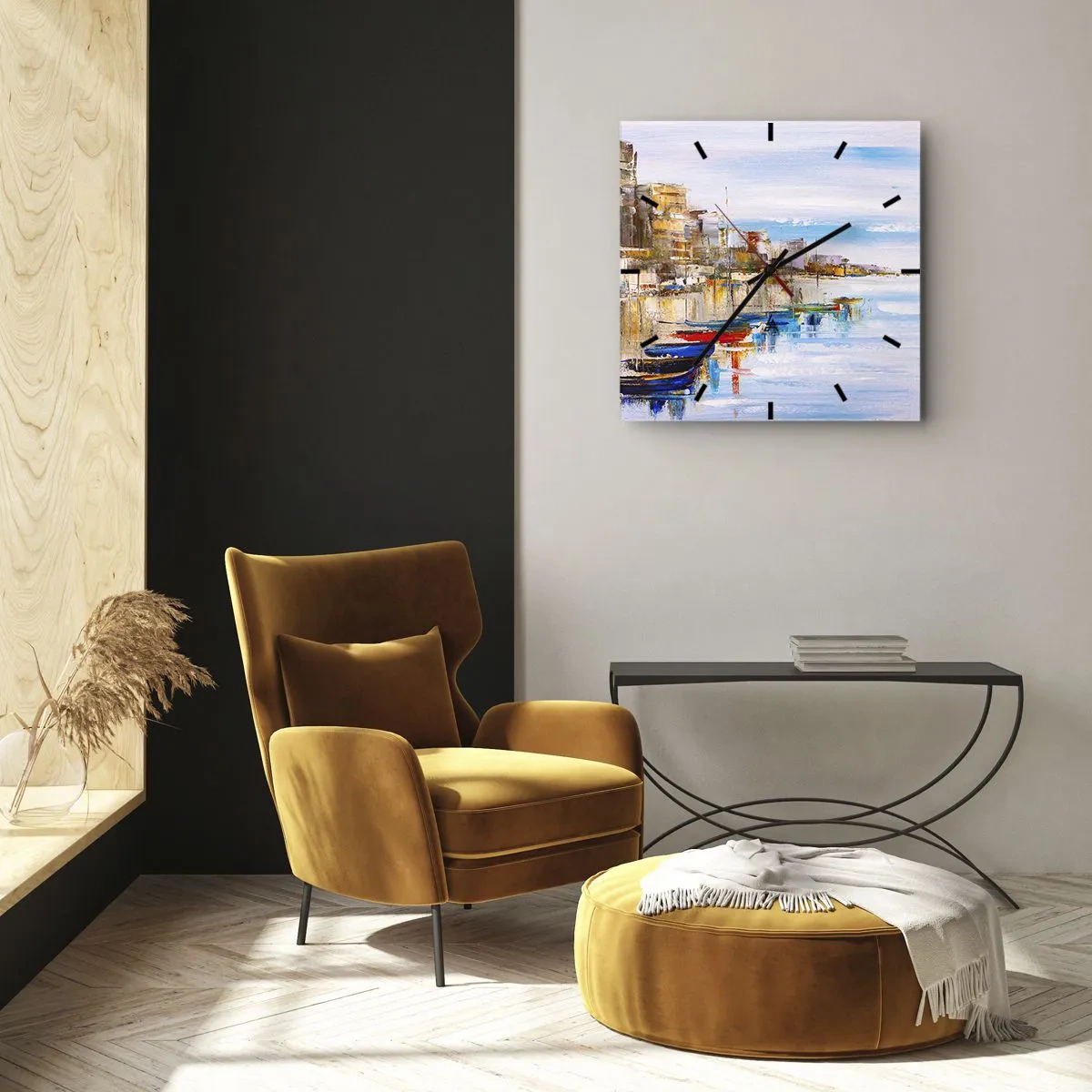 Nástěnné hodiny - Vícebarevný městský přístav - 40x40 cm