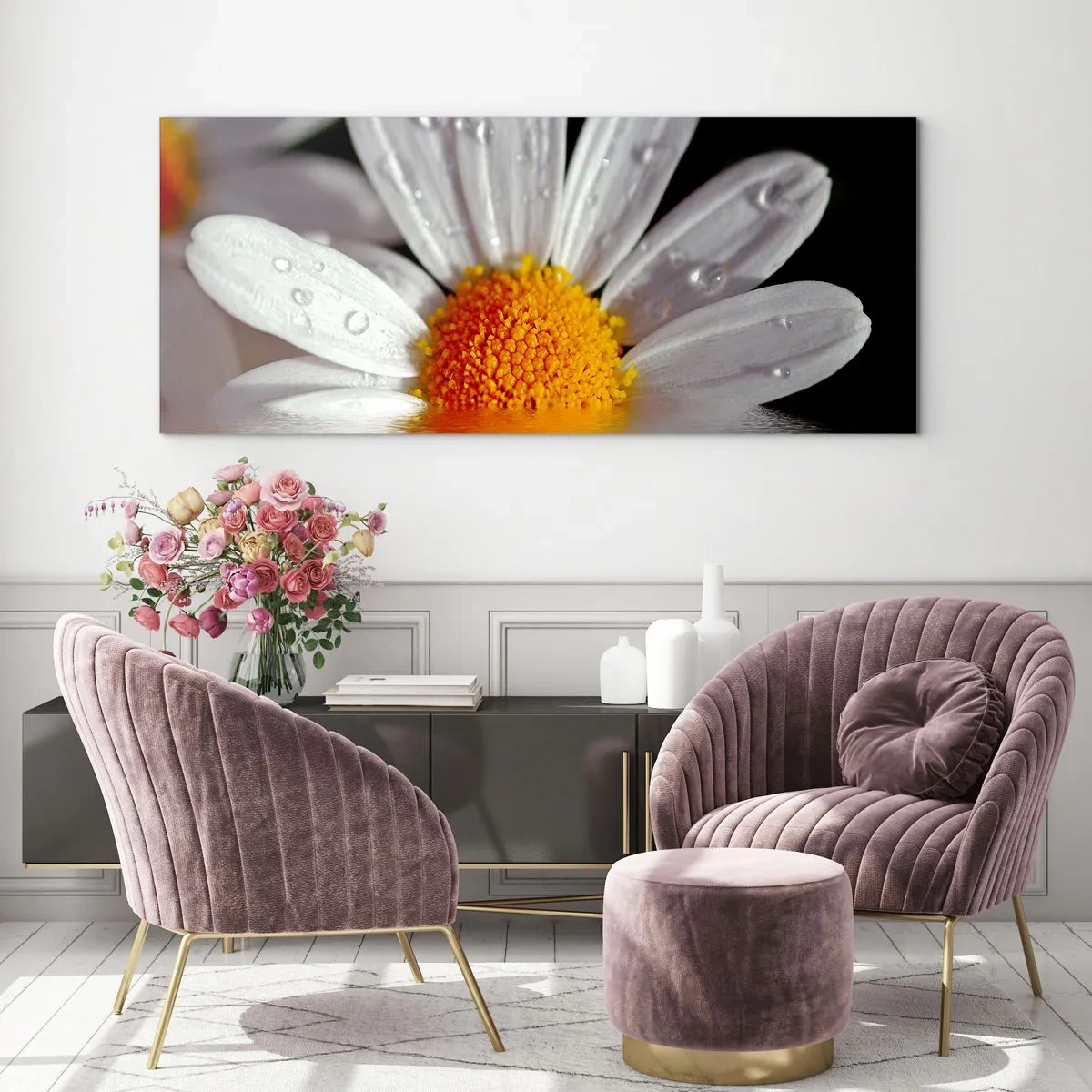 Obraz na skle - Vycházející slunce sedmikrásky - 140x50 cm