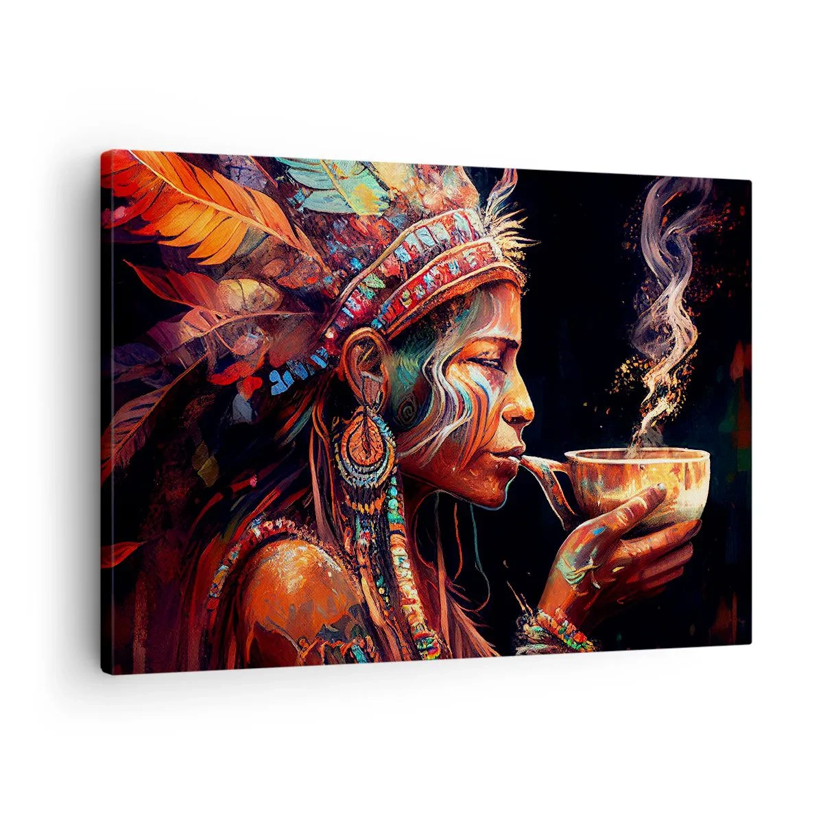 Obraz na plátně - Barevná postava v etnickém stylu s šálkem horkého nápoje - 70x50cm - Magický rituál - Moderní nástěnná dekorace do obývacího pokoje a ložnice ARTTOR
