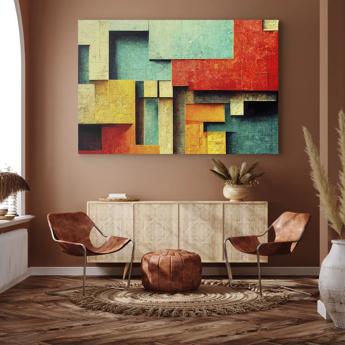 Obraz na plátně - Abstraktní geometrické tvary v zářivých barvách - 70x50cm - Festival pravých úhlů - Moderní nástěnná dekorace do obývacího pokoje a ložnice ARTTOR
