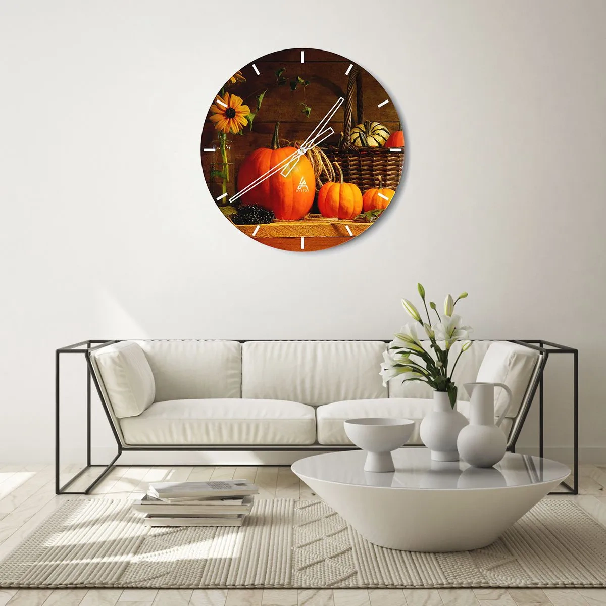 Nástěnné hodiny - Složení dýní, slunečnic a proutěného košíku - 30x30cm - Rustikální kompozice - dary podzimu - Moderní nástěnná dekorace do obývacího pokoje, kuchyně a ložnice ARTTOR