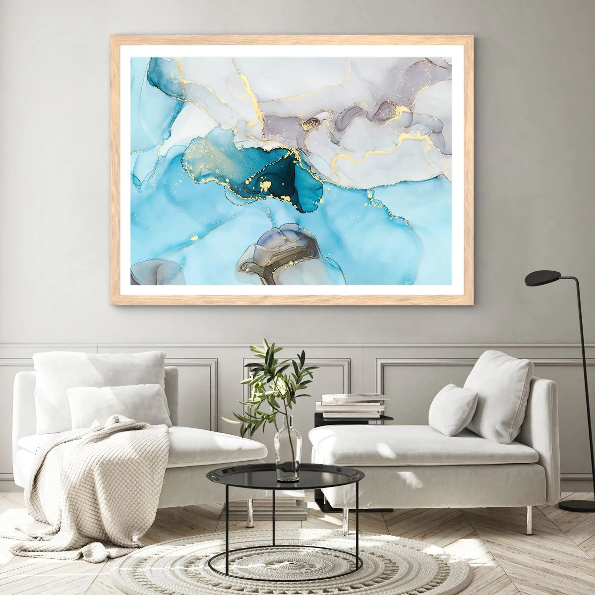 Plakát v rámu světlý dub - Studie o setkání šedé a tyrkysové - 70x50 cm