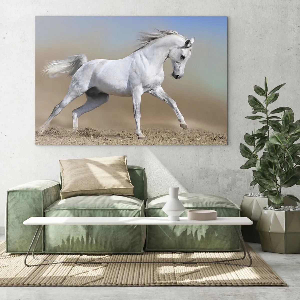 Obraz na skle - Bílý kůň cválající po písčité zemi - 70x50cm - Nejkrásnější arabská pohádka - Moderní nástěnná dekorace do obývacího pokoje a ložnice ARTTOR