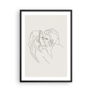 Plakát v černém rámu - Minimalistická kresba zamilovaného páru jemnými liniemi. - 50x70cm - Zamotaní citem - Moderní nástěnná dekorace do obývacího pokoje a ložnice ARTTOR