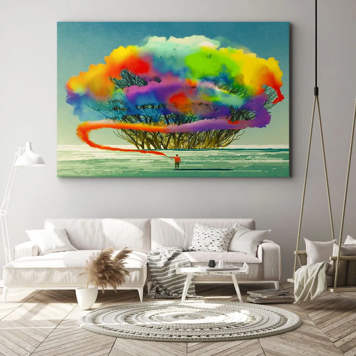 Obraz na plátně - Postava s barevným kouřem na pozadí stromu v divočině - 70x50cm - Oživit tento svět - Moderní nástěnná dekorace do obývacího pokoje a ložnice ARTTOR