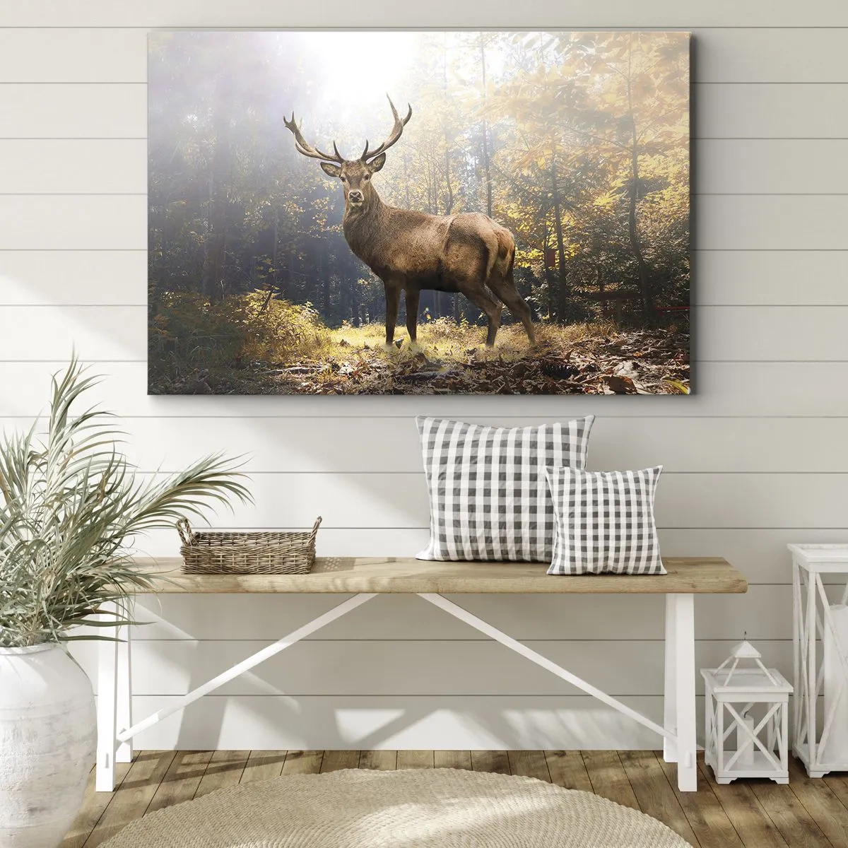 Obraz na plátně - Jelen v podzimním lese se slunečními paprsky - 70x50cm - Plné důstojnosti - Moderní nástěnná dekorace do obývacího pokoje a ložnice ARTTOR