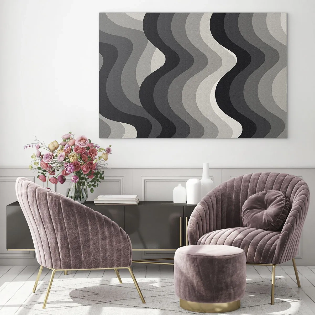 Obraz na skle - Vlny v odstínech šedé vytvářejí rytmický geometrický vzor - 70x50cm - Vlna za vlnou - Moderní nástěnná dekorace do obývacího pokoje a ložnice ARTTOR