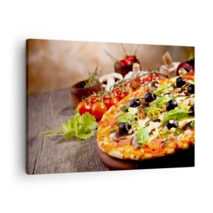 Obraz na plátně - Pizza s olivami, bazalkou a čerstvými ingrediencemi na dřevěném pozadí - 70x50cm - Z telurických složek - Moderní nástěnná dekorace do obývacího pokoje a ložnice ARTTOR
