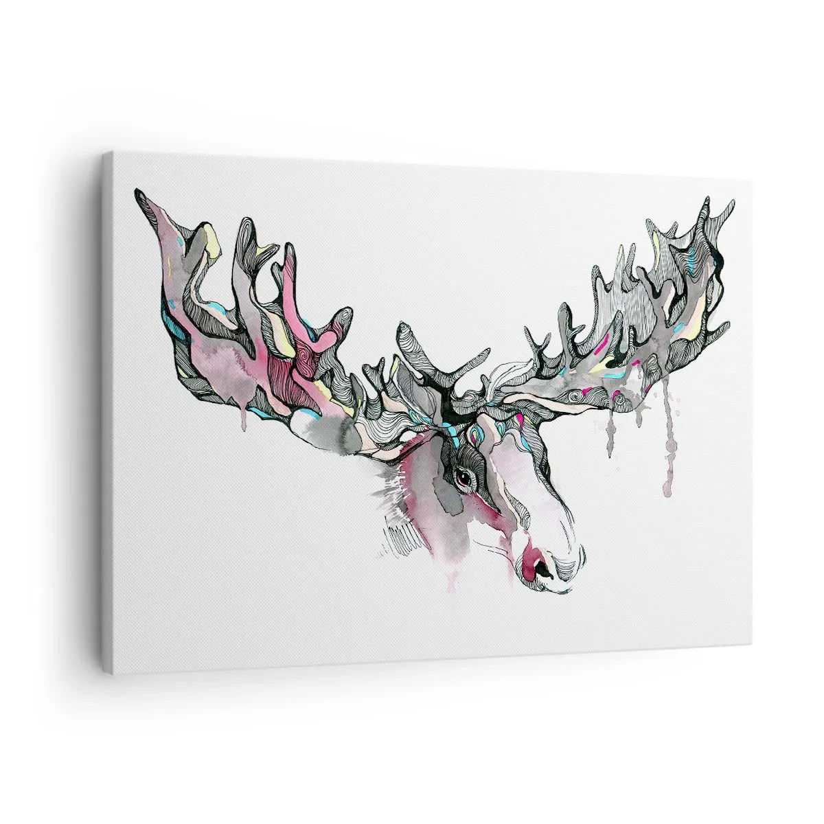 Obraz na plátně - Umělecký akvarel losa s bohatými parohy - 70x50cm - Koruna lesního krále - Moderní nástěnná dekorace do obývacího pokoje a ložnice ARTTOR