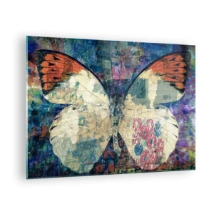 Obraz na skle - Barevný motýl na abstraktním pozadí v odstínech modré a oranžové. - 70x50cm - Jemná křehkost - Moderní nástěnná dekorace do obývacího pokoje a ložnice ARTTOR