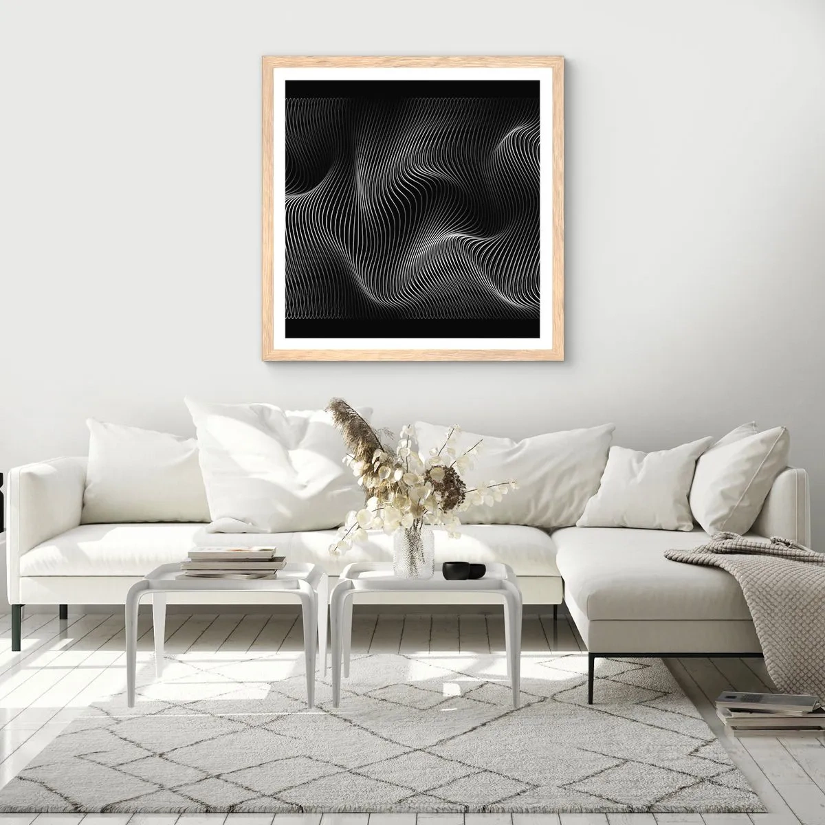 Plakát v rámu světlý dub - Tanec světla v prostoru - 60x60 cm
