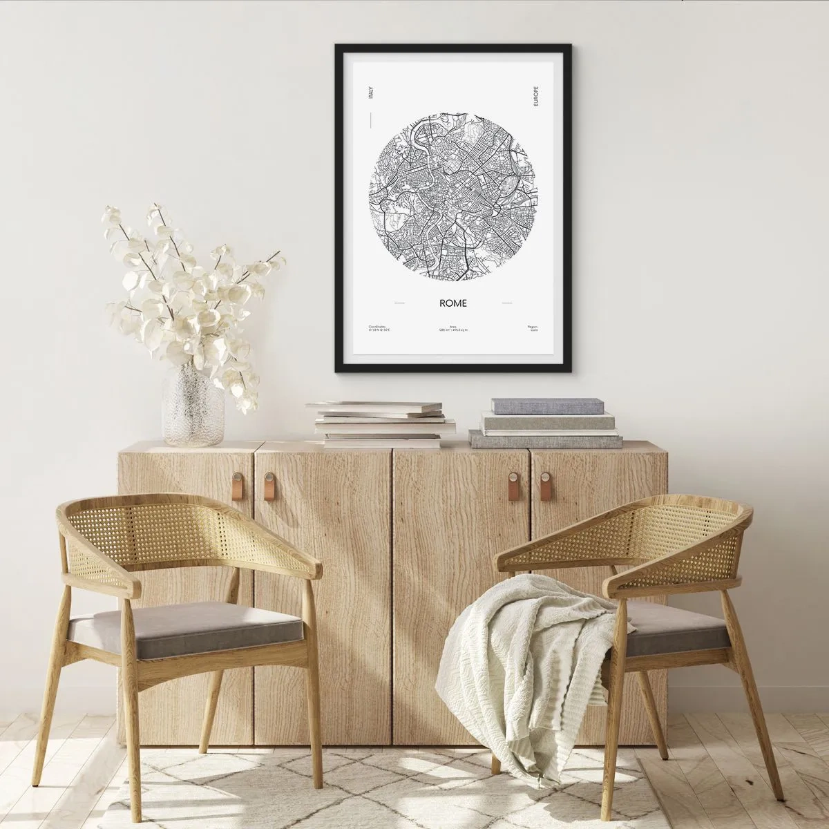 Plakát v černém rámu - Minimalistická mapa Říma v černé a bílé barvě. - 50x70cm - Anatomie Říma - Moderní nástěnná dekorace do obývacího pokoje a ložnice ARTTOR