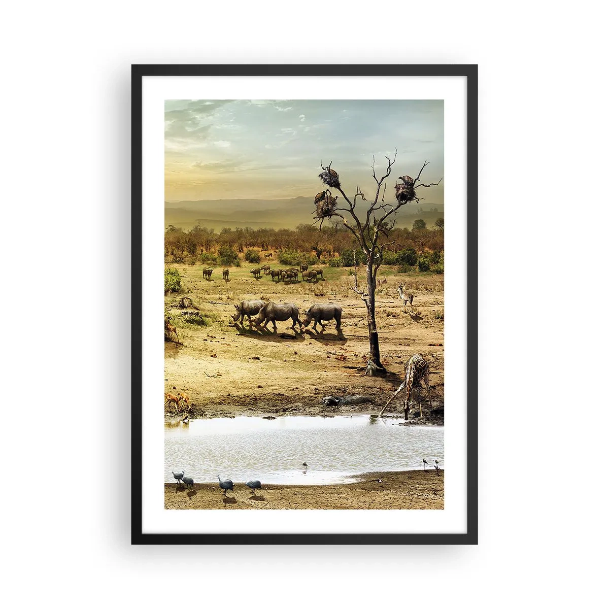 Plakát v černém rámu - Savana s nosorožci a napajedlem - 50x70cm - „Z ráje opět pramenila řeka…“ - Moderní nástěnná dekorace do obývacího pokoje a ložnice ARTTOR