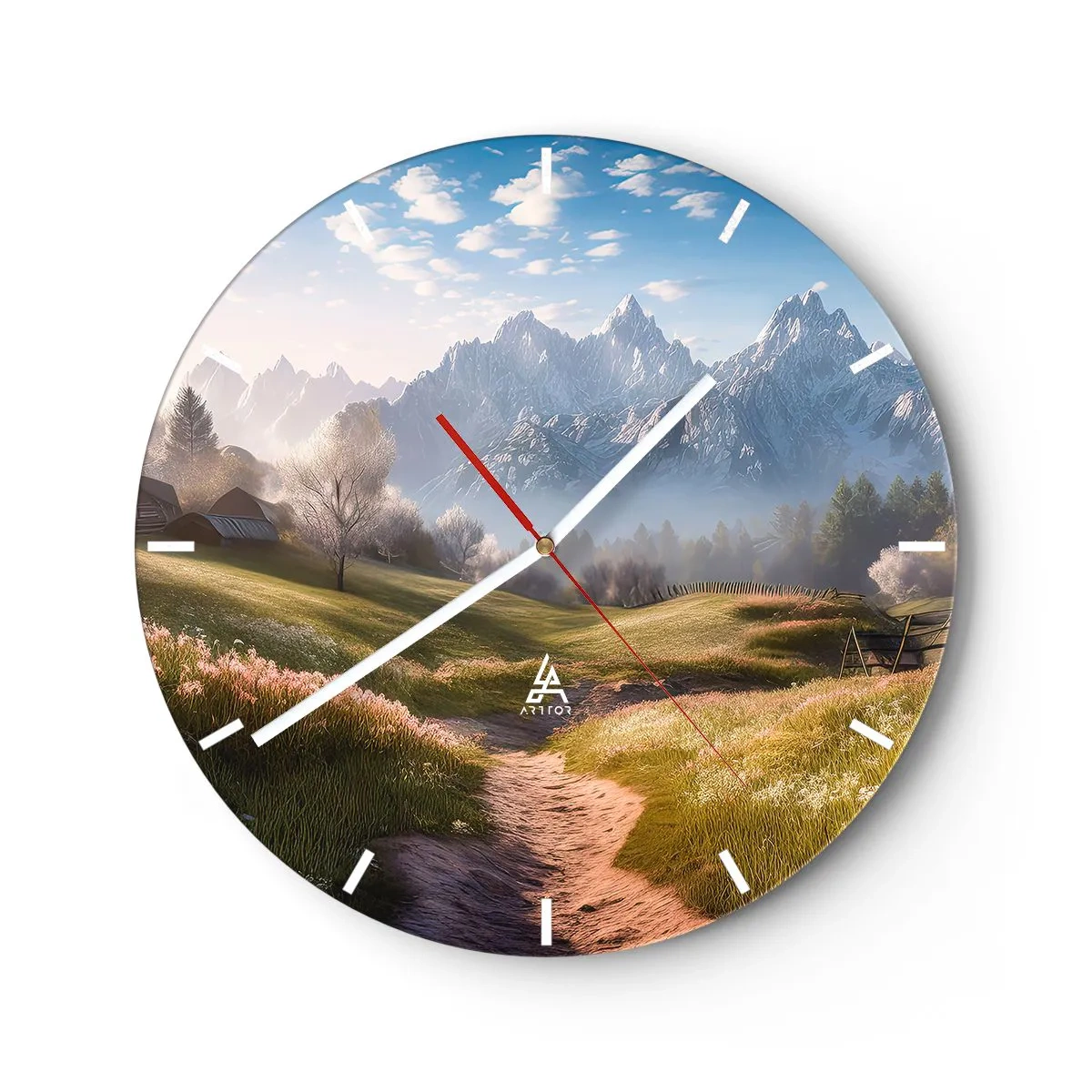 Nástěnné hodiny - Horská krajina s údolím, stezkou a idylickými chatkami - 30x30cm - Idylické údolí - Moderní nástěnná dekorace do obývacího pokoje, kuchyně a ložnice ARTTOR