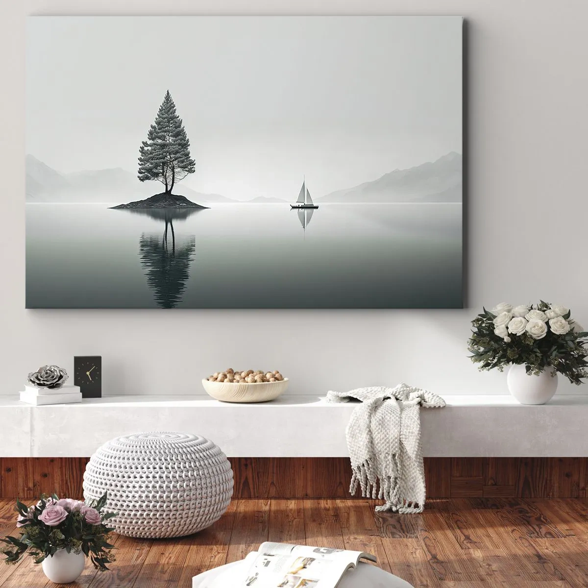 Obraz na plátně - Minimalistická krajina se stromem na ostrově a plachetnicí. - 70x50cm - Snění - Moderní nástěnná dekorace do obývacího pokoje a ložnice ARTTOR