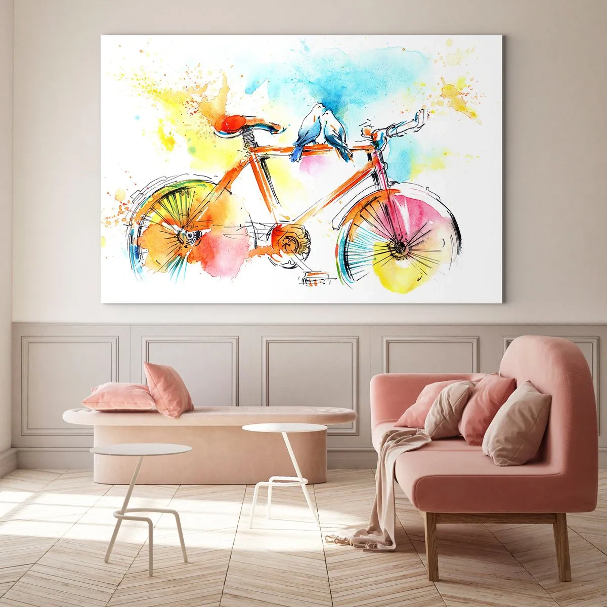 Obraz na skle - Barevné kolo s ptáky sedícími na řídítkách - 70x50cm - Ve dvou na kole - Moderní nástěnná dekorace do obývacího pokoje a ložnice ARTTOR