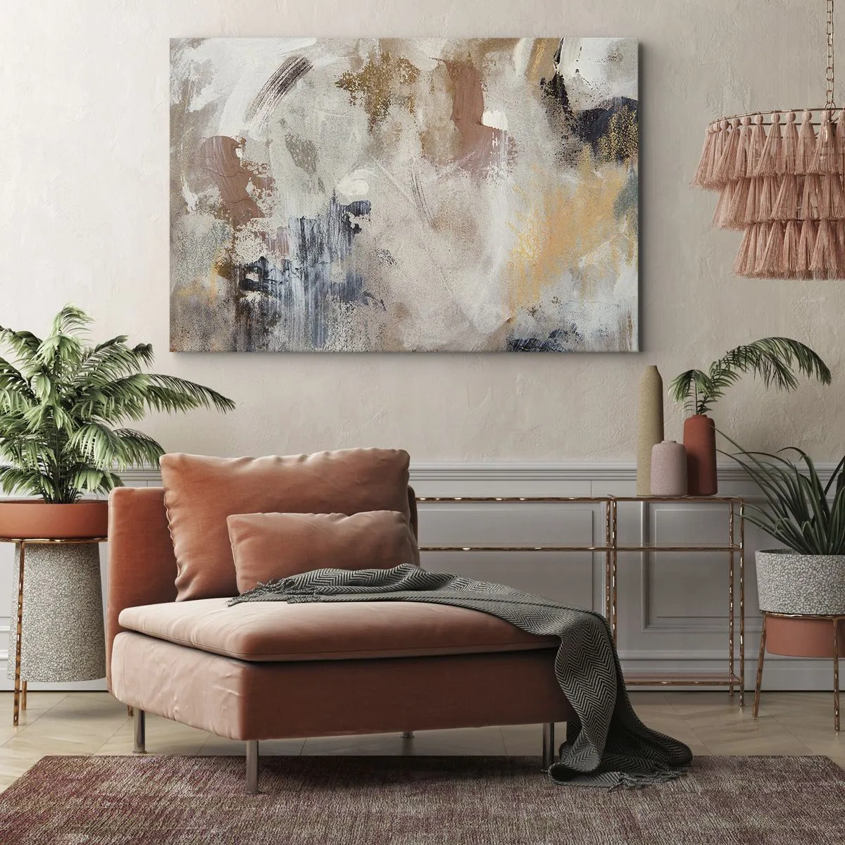 Obraz na plátně - Abstraktní skvrny v tlumených odstínech béžové a zlaté - 70x50cm - Mlhavá abstrakce - Moderní nástěnná dekorace do obývacího pokoje a ložnice ARTTOR