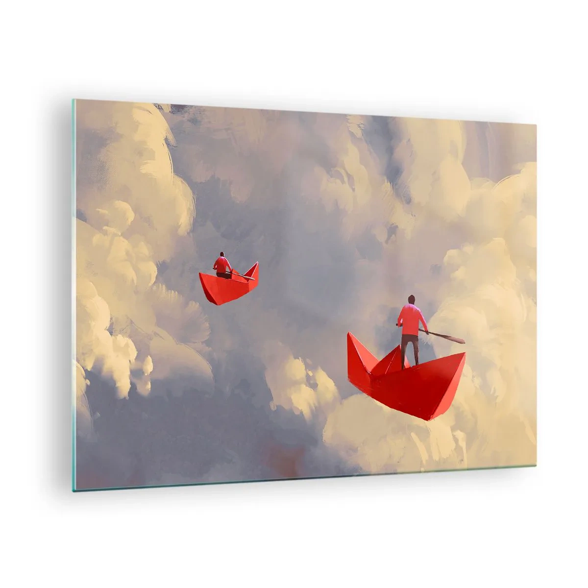 Obraz na skle - Dva lidé v červených lodích proti zatažené obloze - 70x50cm - Výprava snílků - Moderní nástěnná dekorace do obývacího pokoje a ložnice ARTTOR