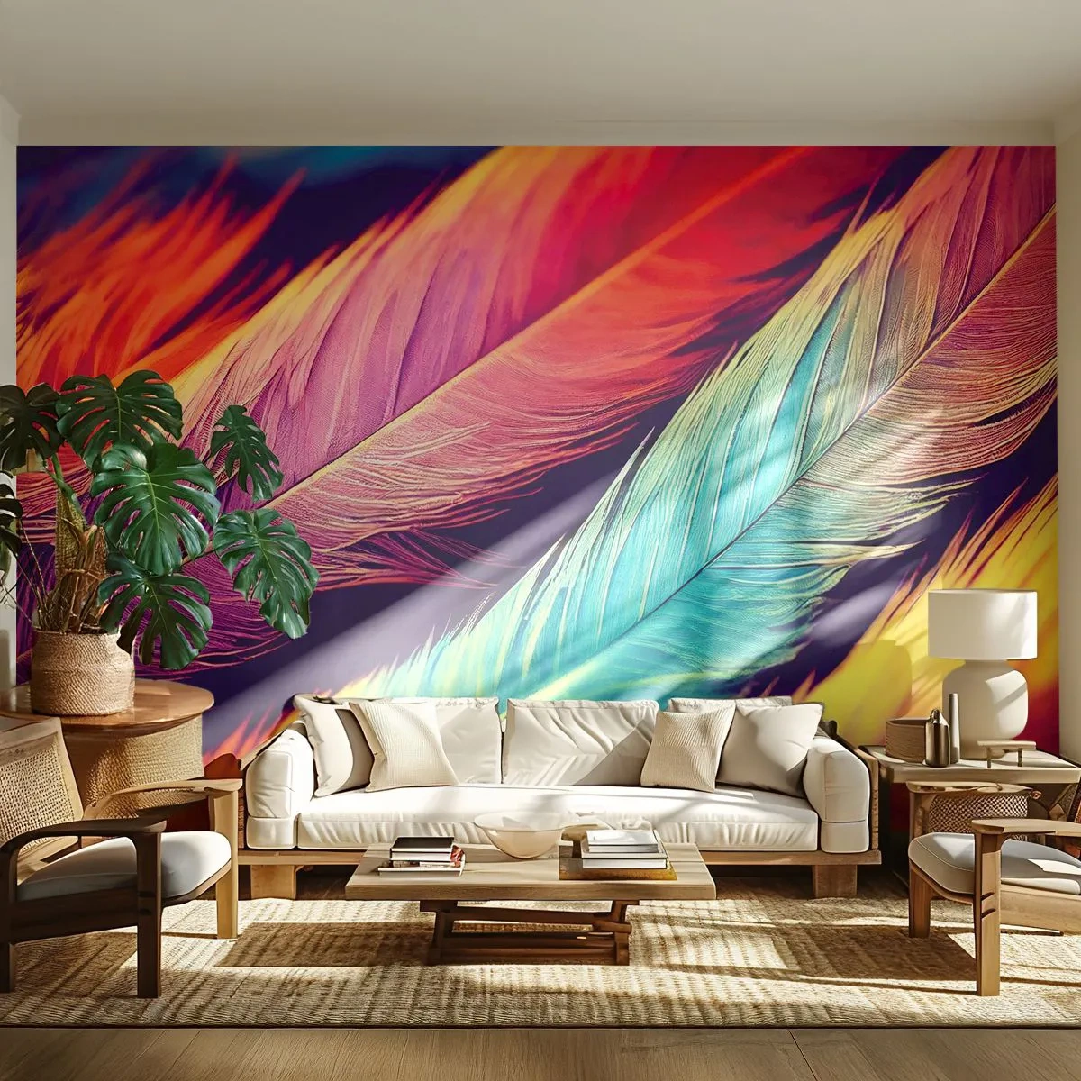 Fototapeta Premium Canvas - Opeřená duha - Peří, Světlo, Barvitý - 500x350 cm