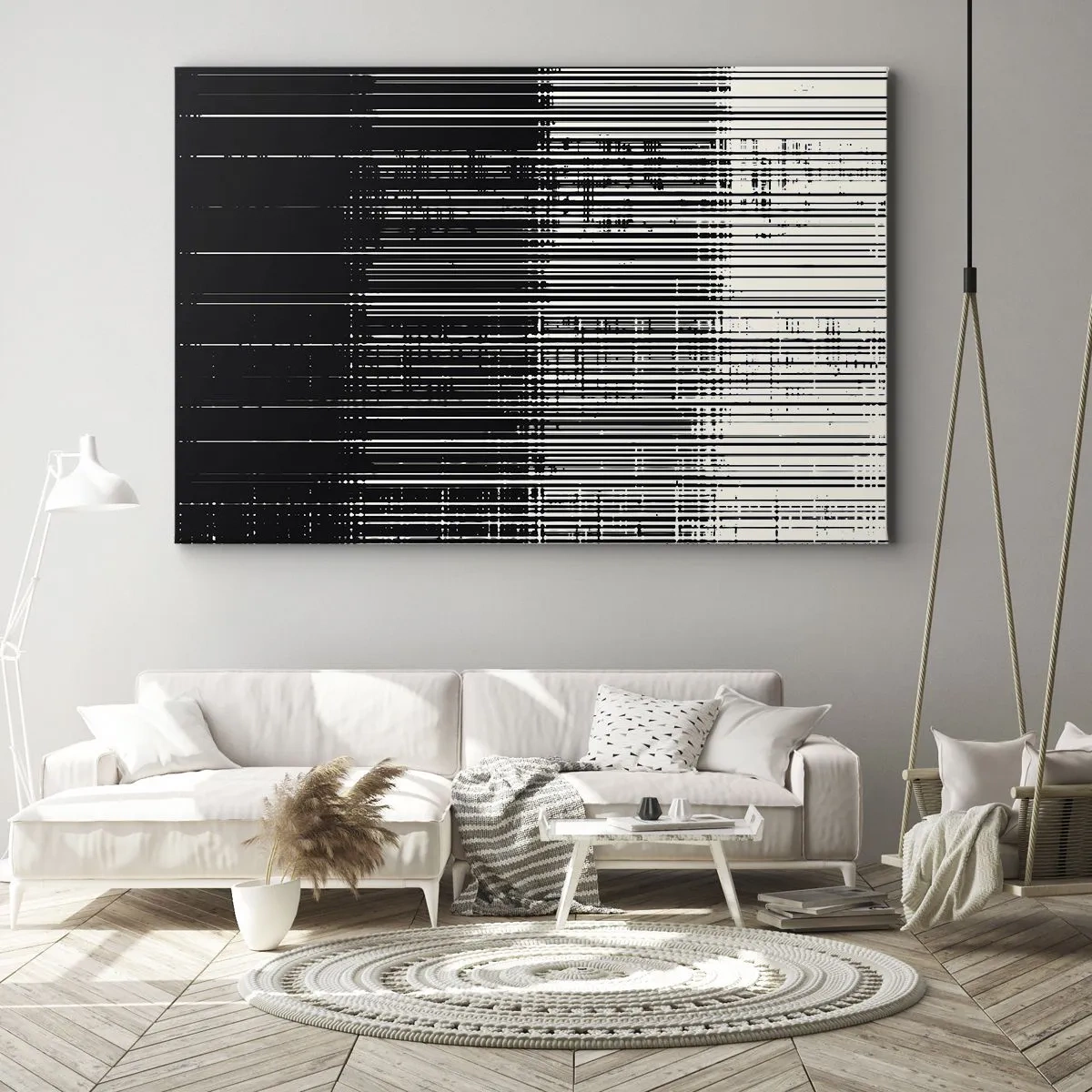 Obraz na plátně - Abstraktní kompozice čar v kontrastní černé a bílé - 70x50cm - Vlny a vibrace - Moderní nástěnná dekorace do obývacího pokoje a ložnice ARTTOR
