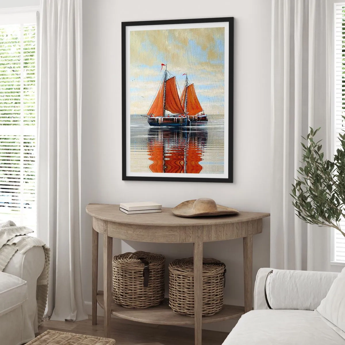 Plakát v černém rámu - Plachetnice na klidné vodě s červenými plachtami - 50x70cm - Pluj, námořníku… - Moderní nástěnná dekorace do obývacího pokoje a ložnice ARTTOR