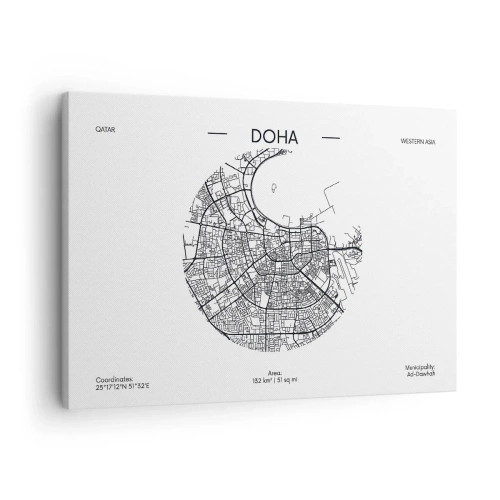 Obraz na plátně - Minimalistická černobílá mapa Dauhá s přesnými detaily. - 70x50cm - Anatomie Dauhá - Moderní nástěnná dekorace do obývacího pokoje a ložnice ARTTOR
