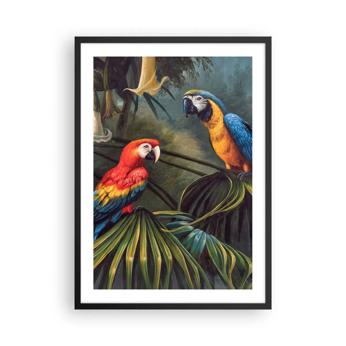 Plakát v černém rámu - Tropické papoušky obklopené bujnou vegetací - 50x70cm - Romantismus v tropech - Moderní nástěnná dekorace do obývacího pokoje a ložnice ARTTOR