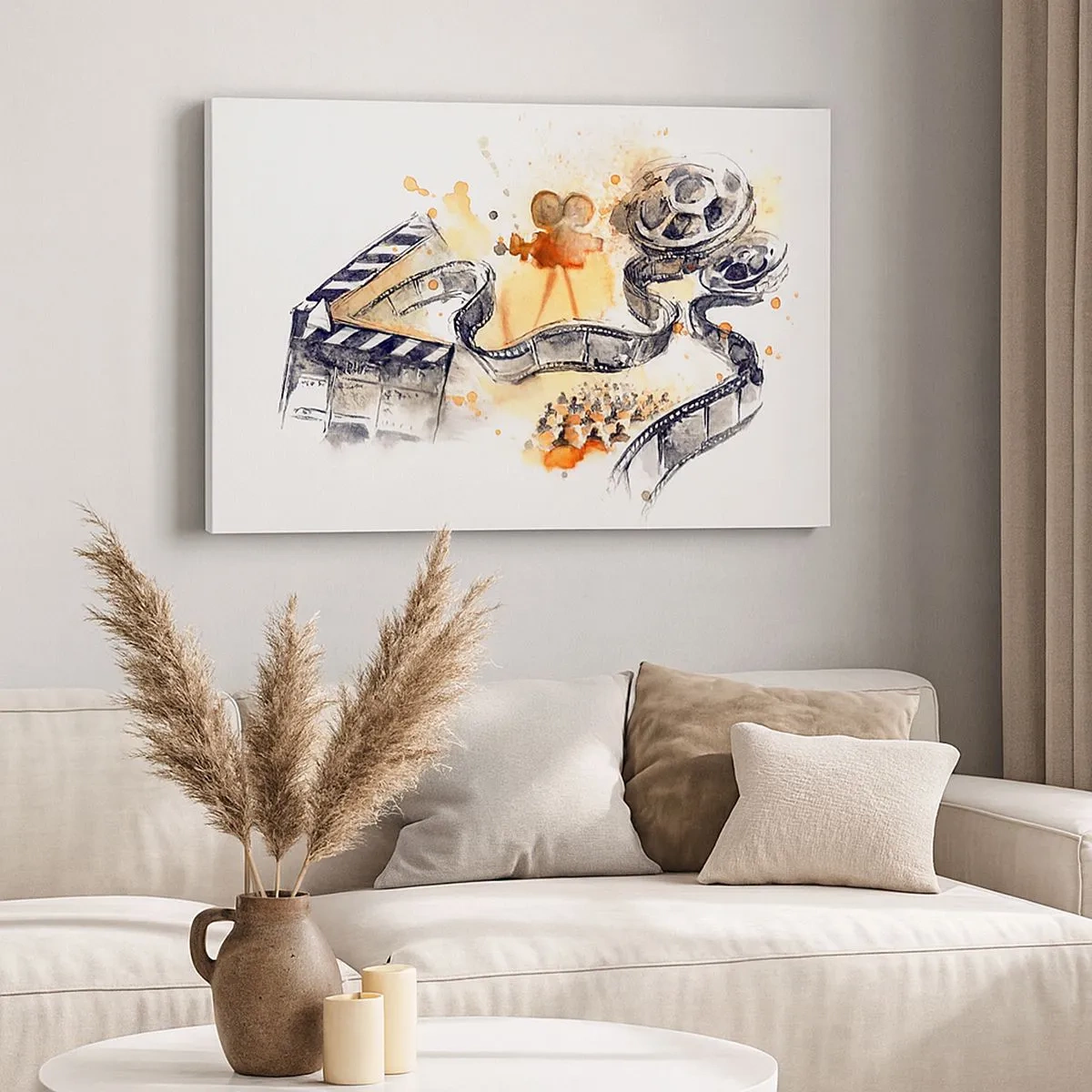 Obraz na plátně - Symbolika kina s filmovým pásem v uměleckém akvarelu - 70x50cm - V krajině snů - Moderní nástěnná dekorace do obývacího pokoje a ložnice ARTTOR