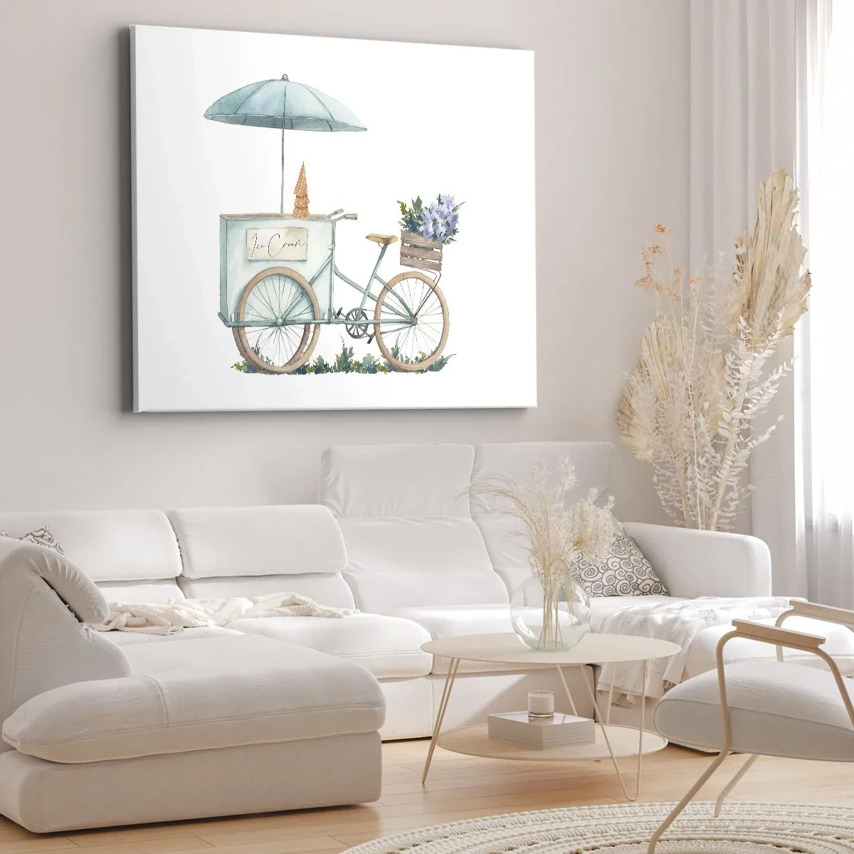 Obraz na plátně - Kolo se zmrzlinou a květinami pod deštníkem v jemných pastelových barvách - 70x50cm - Sladká vzpomínka na léto - Moderní nástěnná dekorace do obývacího pokoje a ložnice ARTTOR
