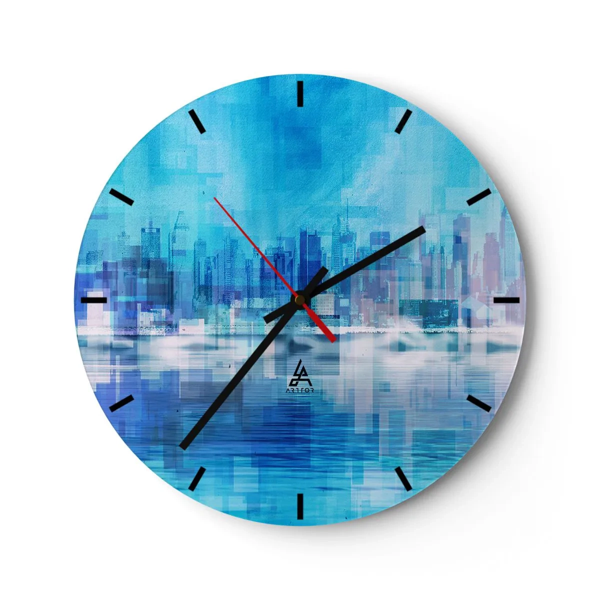 Nástěnné hodiny - Panorama města v odstínech modré a fialové s abstraktním efektem. - 30x30cm - Utopené v modři - Moderní nástěnná dekorace do obývacího pokoje, kuchyně a ložnice ARTTOR