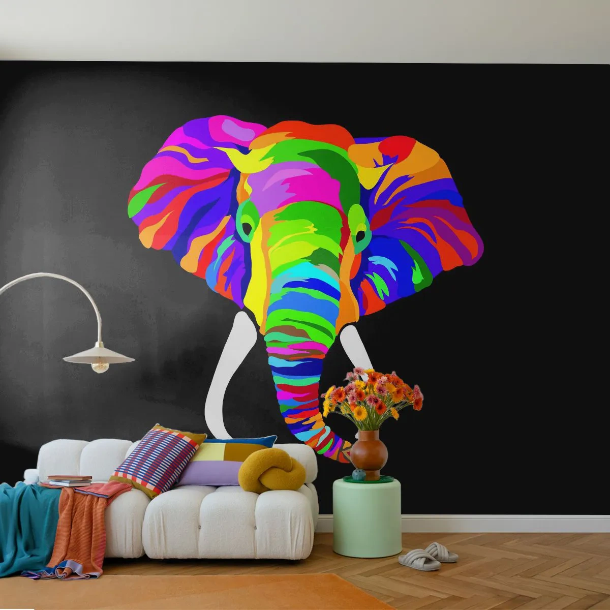 Fototapeta Premium Canvas - Slon, který se miloval koupat v duze - Zvířata, Slon, Barevný obrázek - 250x175 cm