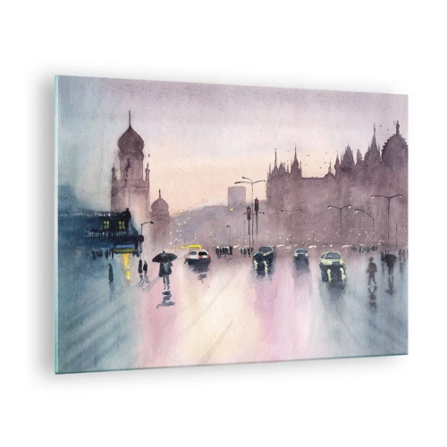 Obraz na skle - Deštivé městské panorama - 70x50cm - V deštivém oparu - Moderní nástěnná dekorace do obývacího pokoje a ložnice ARTTOR