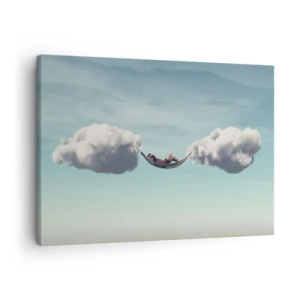 Obraz na plátně - Osoba relaxující v houpací síti zavěšené v oblacích - 70x50cm - Blaženost okamžiku - Moderní nástěnná dekorace do obývacího pokoje a ložnice ARTTOR
