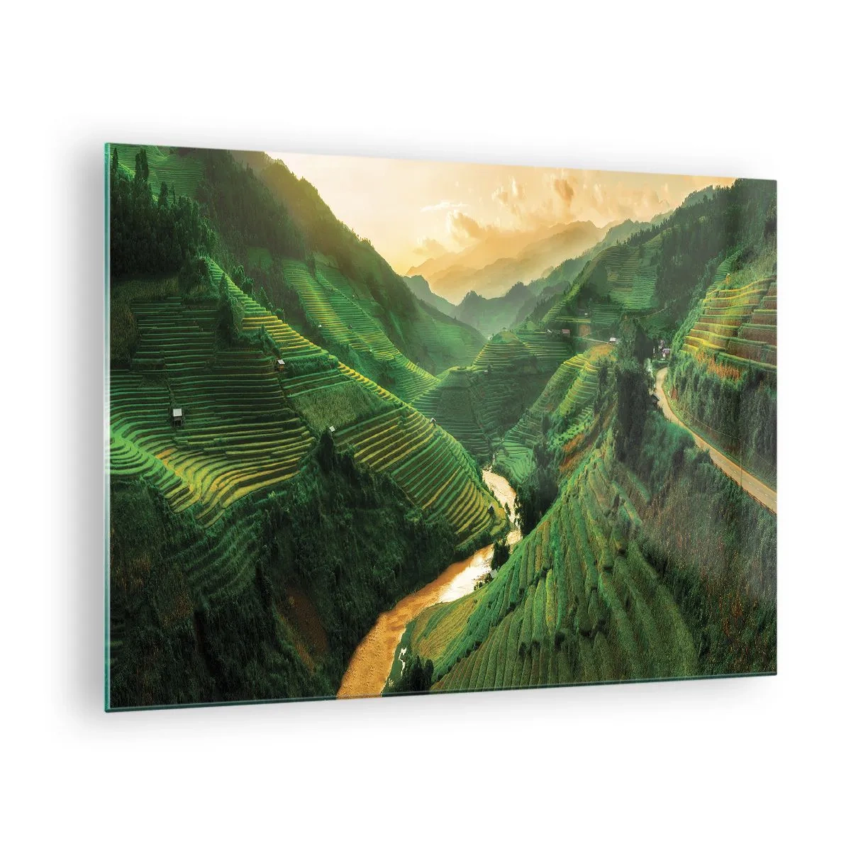 Obraz na skle - Malebné rýžové terasy v údolí při západu slunce - 70x50cm - Vietnamské údolí - Moderní nástěnná dekorace do obývacího pokoje a ložnice ARTTOR