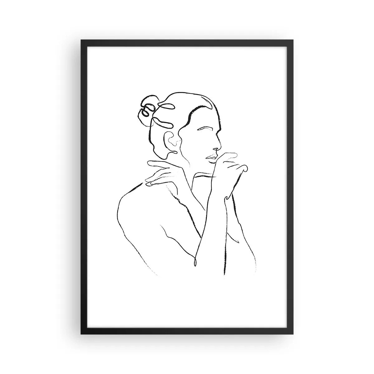 Plakát v černém rámu - Minimalistická linie ženské siluety na bílém pozadí - 50x70cm - Akt: smyslné tajemství - Moderní nástěnná dekorace do obývacího pokoje a ložnice ARTTOR
