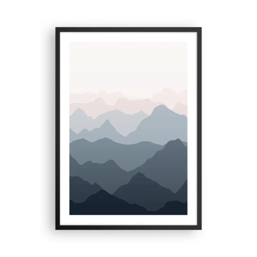 Plakát v černém rámu - Vrstvené pohoří v odstínech modré a šedé - 50x70cm - Vlny hor - Moderní nástěnná dekorace do obývacího pokoje a ložnice ARTTOR