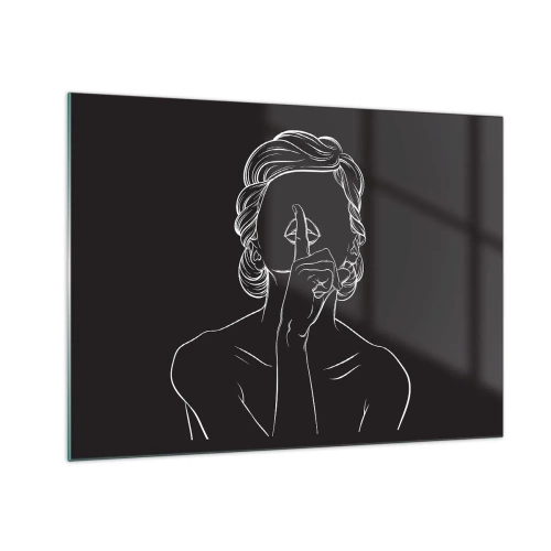 Obraz na skle - Minimalistická silueta ženy dělající gesto mlčení. - 70x50cm - Krása rozkvétá v tichu - Moderní nástěnná dekorace do obývacího pokoje a ložnice ARTTOR